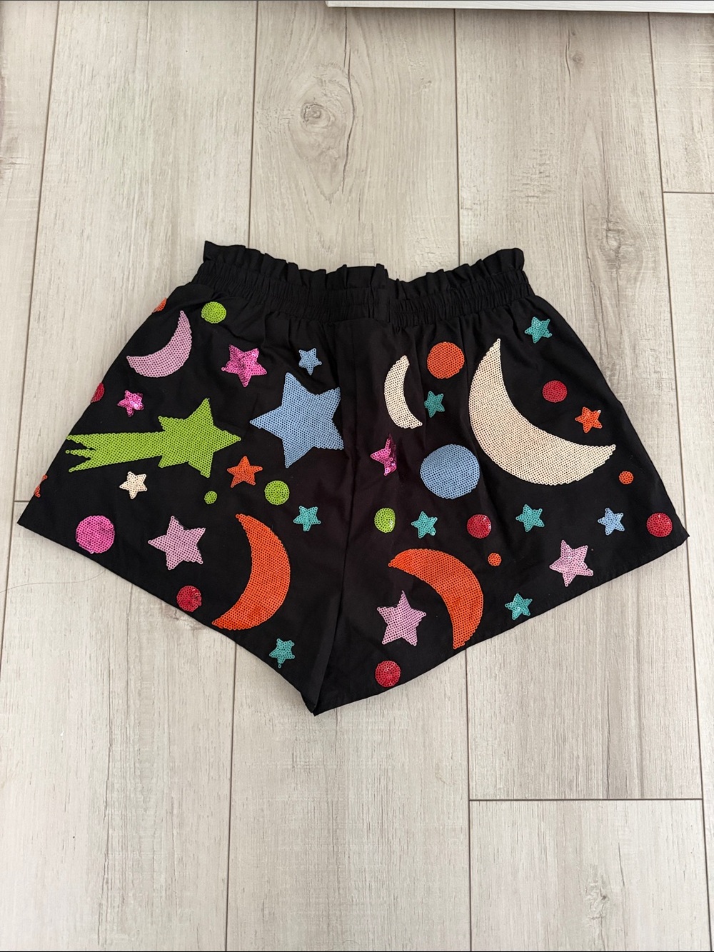 Queen of Sparkles Galaxy Space Print, Black Star Moon Sequin Embroidered Shorts